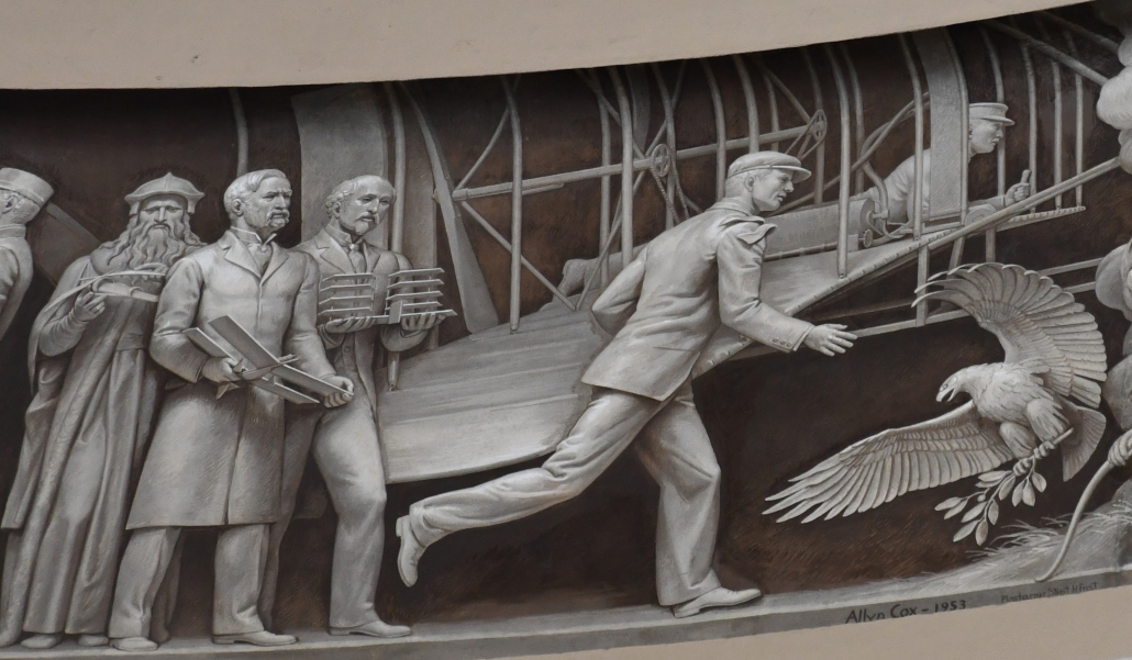 Détail de la frise de la rotonde du Capitole - Washington DC - La naissance de l'aviation. De gauche à droite : Léonard de Vinci, Samuel Langley, Octave Chanute, les frères Wright.