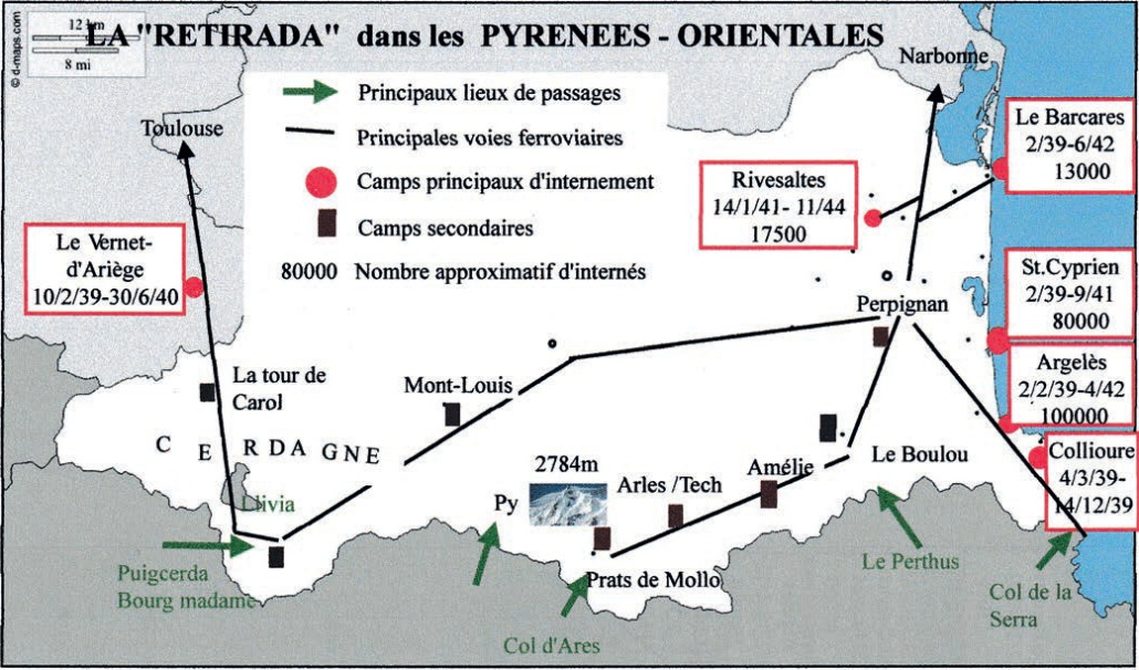 Carte de la Retirada dans les Pyrénées-Orientales